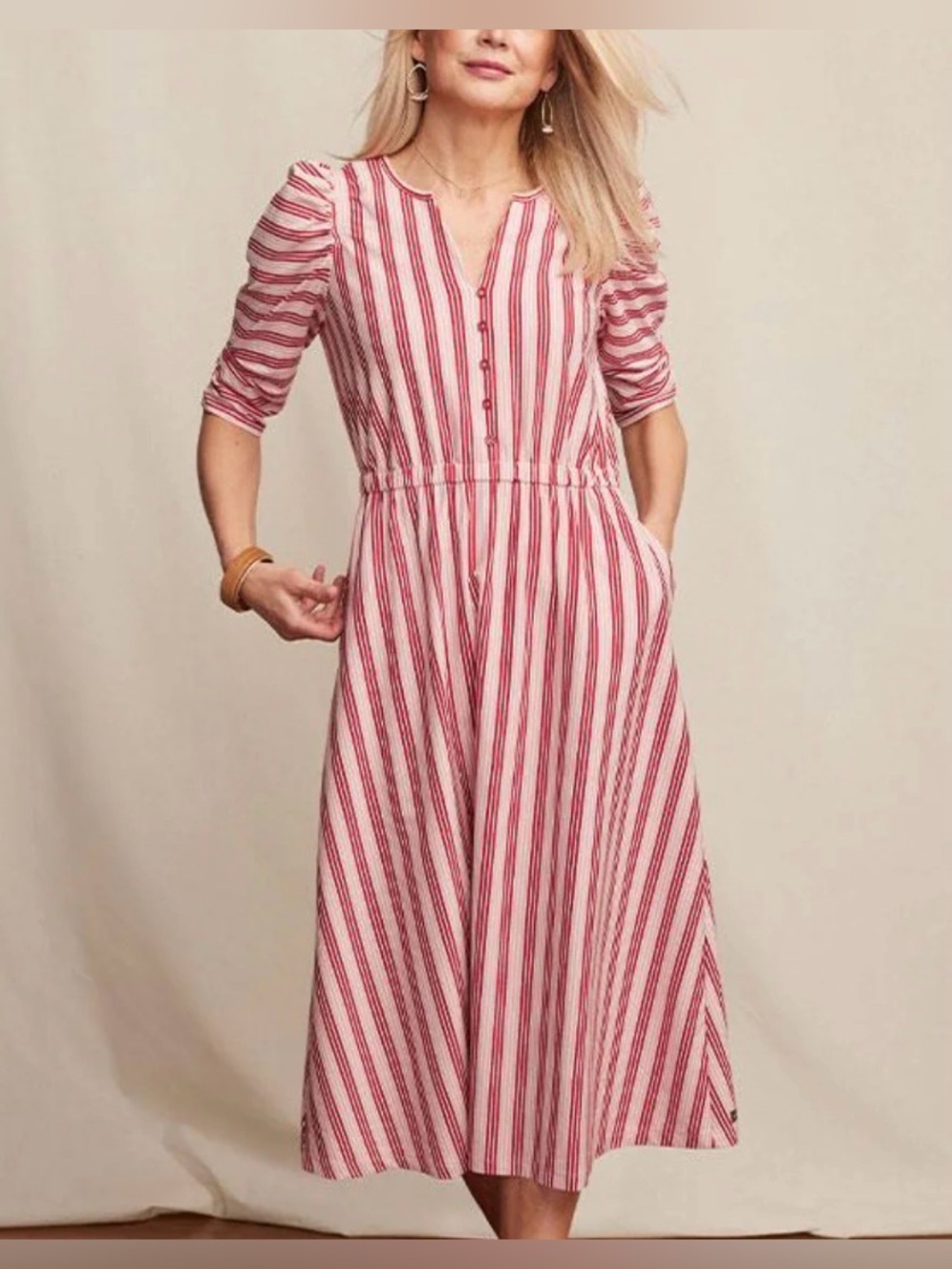 Matilda Jane Red Pink White Striped Midi Dress Puff Sleeve Cottagecore Small - Picture 8 of 8